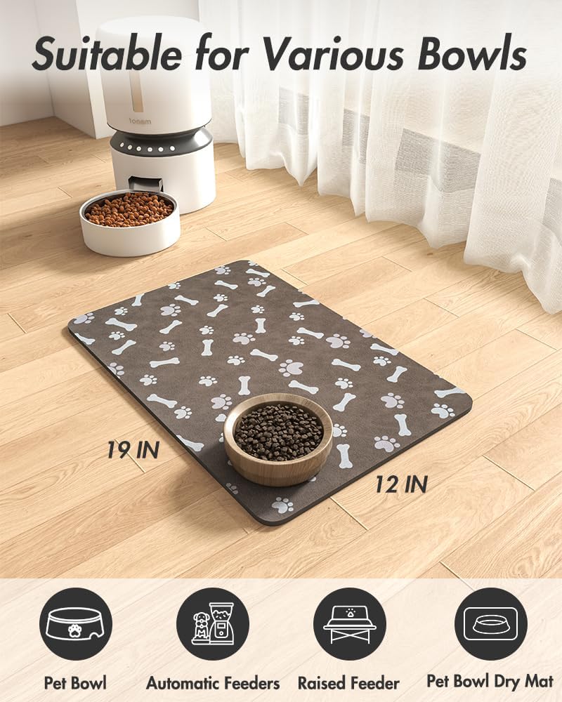 MontVoo Dog Food Mat-Pet Feeding Mat for Food and Water-No Stains Quick Dry Dispenser Cat Bowl Mat for Messy Drinkers(12"x19" Dark Grey)
