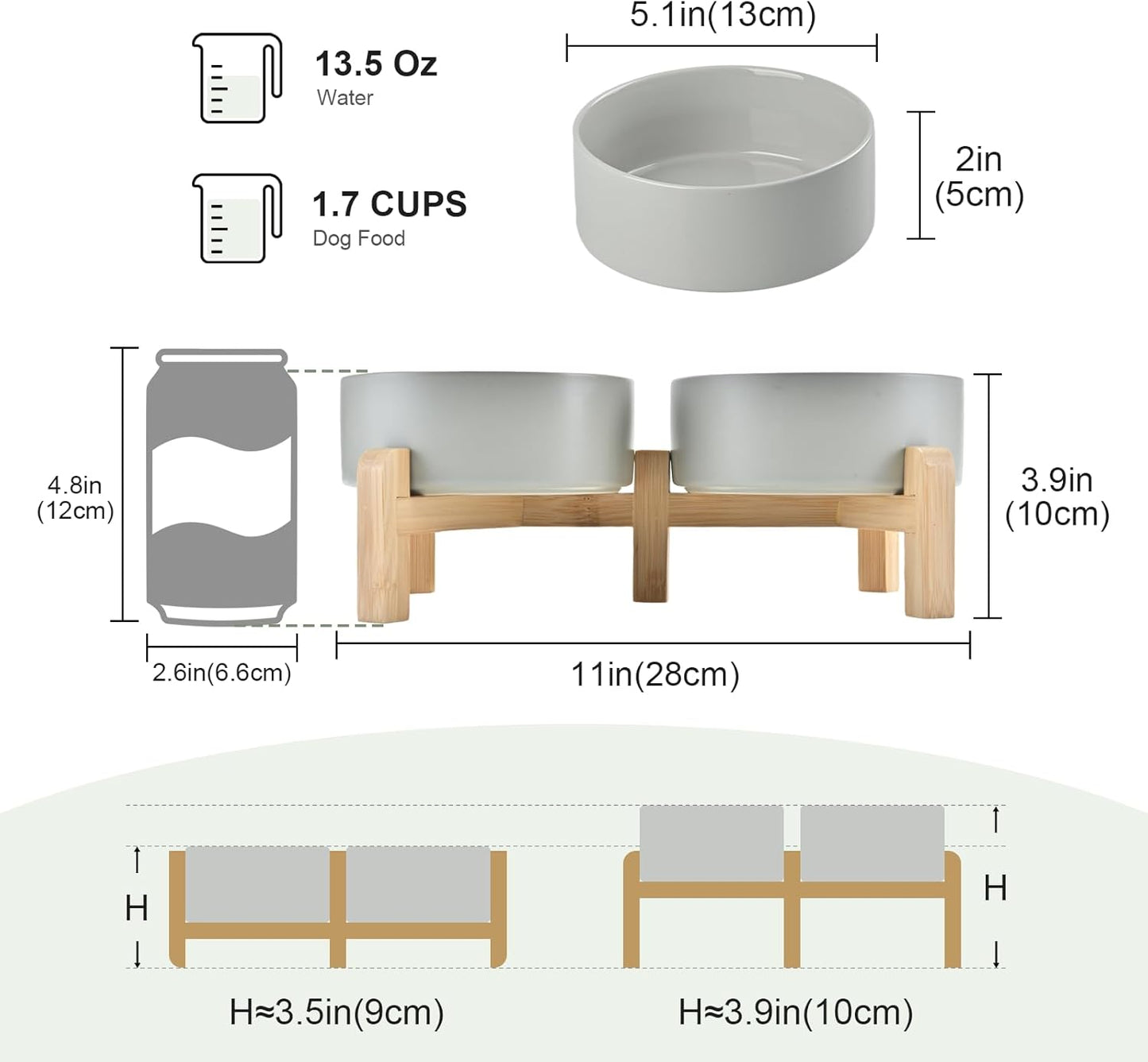 SPUNKYJUNKY Elevated Dog Bowls Ceramic, 6.1'' Dogs and Cat Food Water Bowls Raised with Non-Slip Bamboo Stand for Medium Sized Breed Microwave Dishwasher Safe - 28.7 OZ,Beige