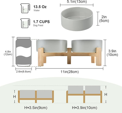 SPUNKYJUNKY Elevated Dog Bowls Ceramic, 6.1'' Dogs and Cat Food Water Bowls Raised with Non-Slip Bamboo Stand for Medium Sized Breed Microwave Dishwasher Safe - 28.7 OZ,Beige
