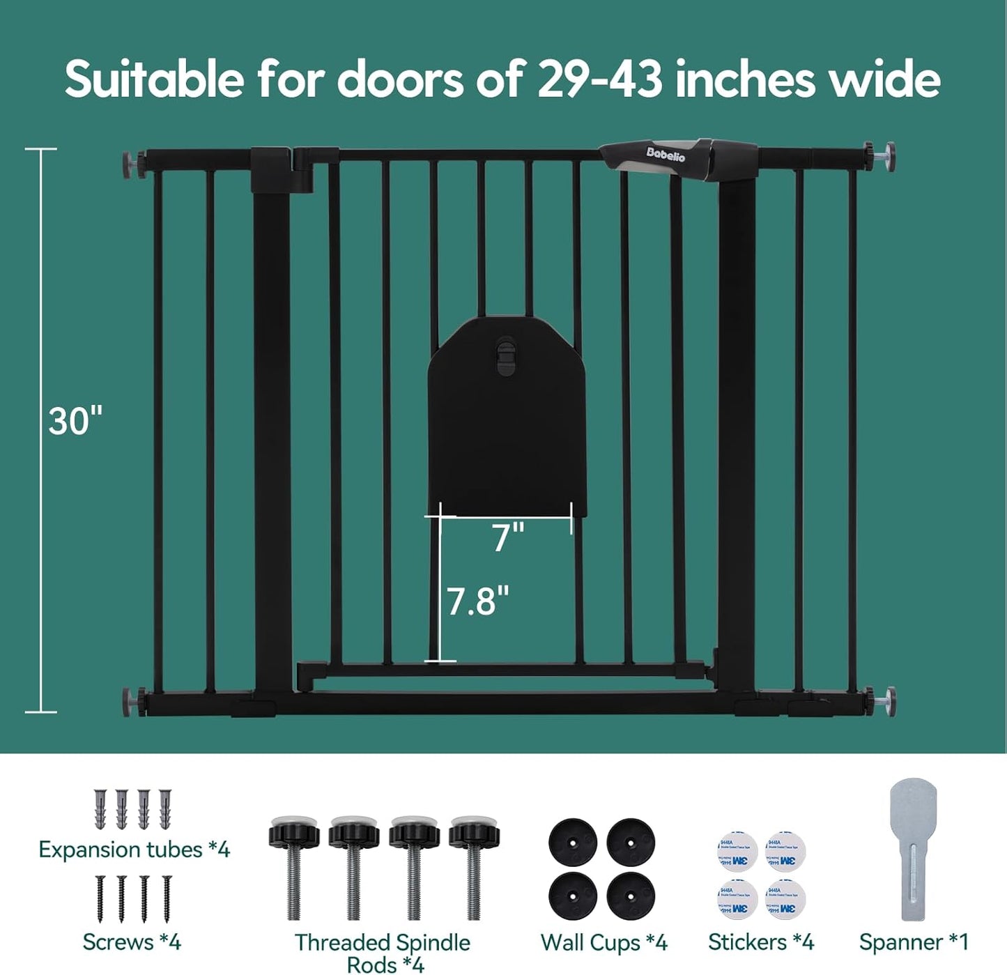Babelio 36" Tall Auto Close Baby Gate with Small Cat Door, 29-43" Metal Cat Gate for Doorway, Stairs, House. Easy Walk Thru Dog Gate with pet Door, Includes 4 Wall Cups and 3 Extension Pieces, Black