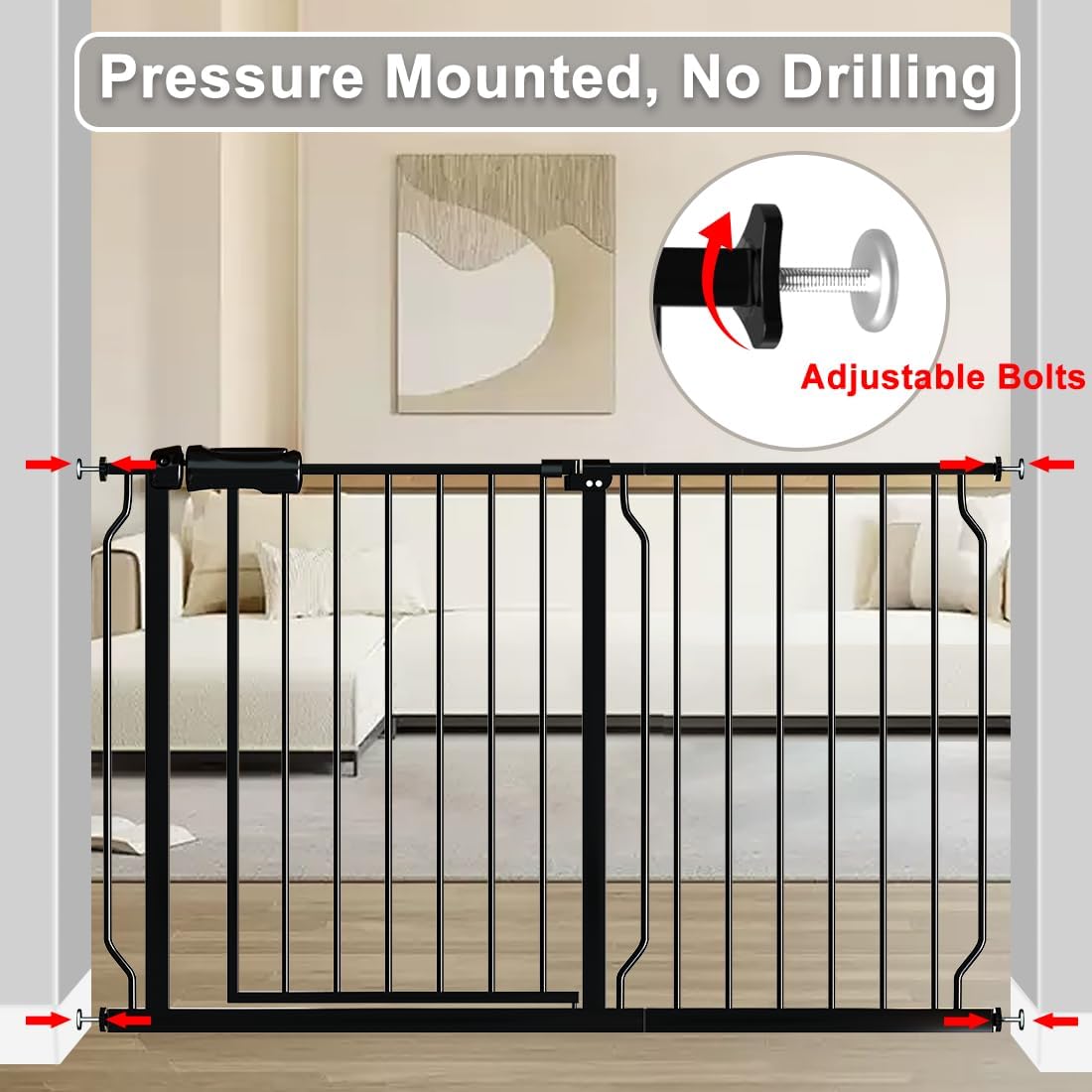 Fairy Baby Extra Wide Baby Gate Black 57.5-62 Inch Wide, Walk Through Pressure Mounted No Drill for Doorways, Long and Large Tension Dog Gates for Pet and Kids