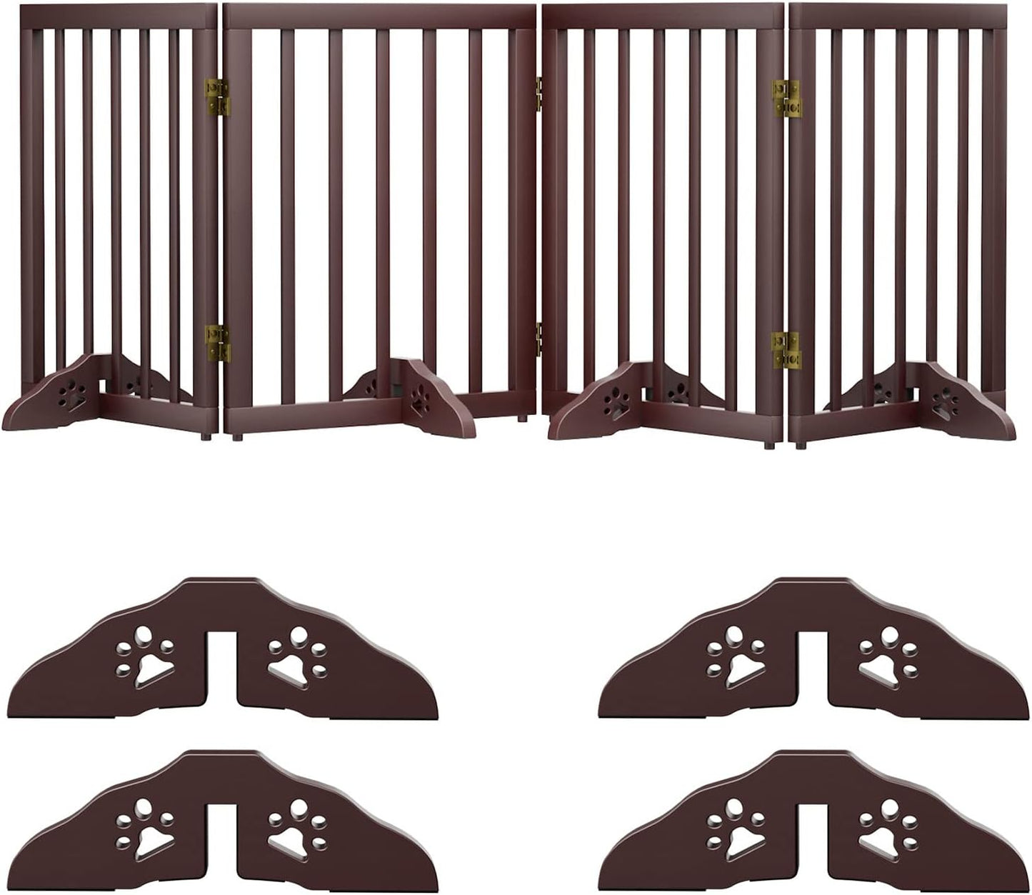 Freestanding Dog Gates Indoor, 3-Panel Pet Gates with 2 Metal Stands and 360° Hinge, 24" H Foldable Dog Gate for Stairs, Doorway, Kitchen, Expands Up to 55" Fully Assembled - Black Walnut