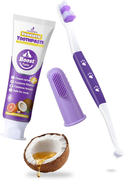 Premium Dog Oral Care Kit - Natural Coconut Chicken Flavored Toothpaste,Dual Head Toothbrush and Finger Toothbrush for Dogs,Plaque Prevention,Tartar Control.2.5oz(Pack of 1)