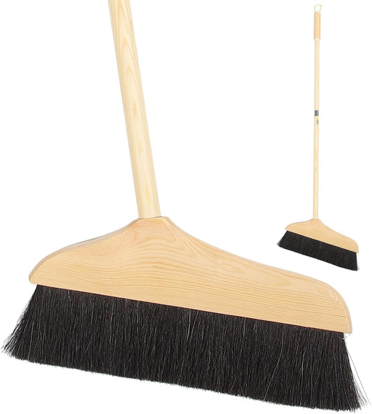 ULTECHNOVO Horsehair Broom for Hardwood Floors, Soft Bristle Indoor Sweeping Brush with Pine Wood Head, Anti-Static Dust Remover for Home Kitchen, 37 Inch Wood Long Handl