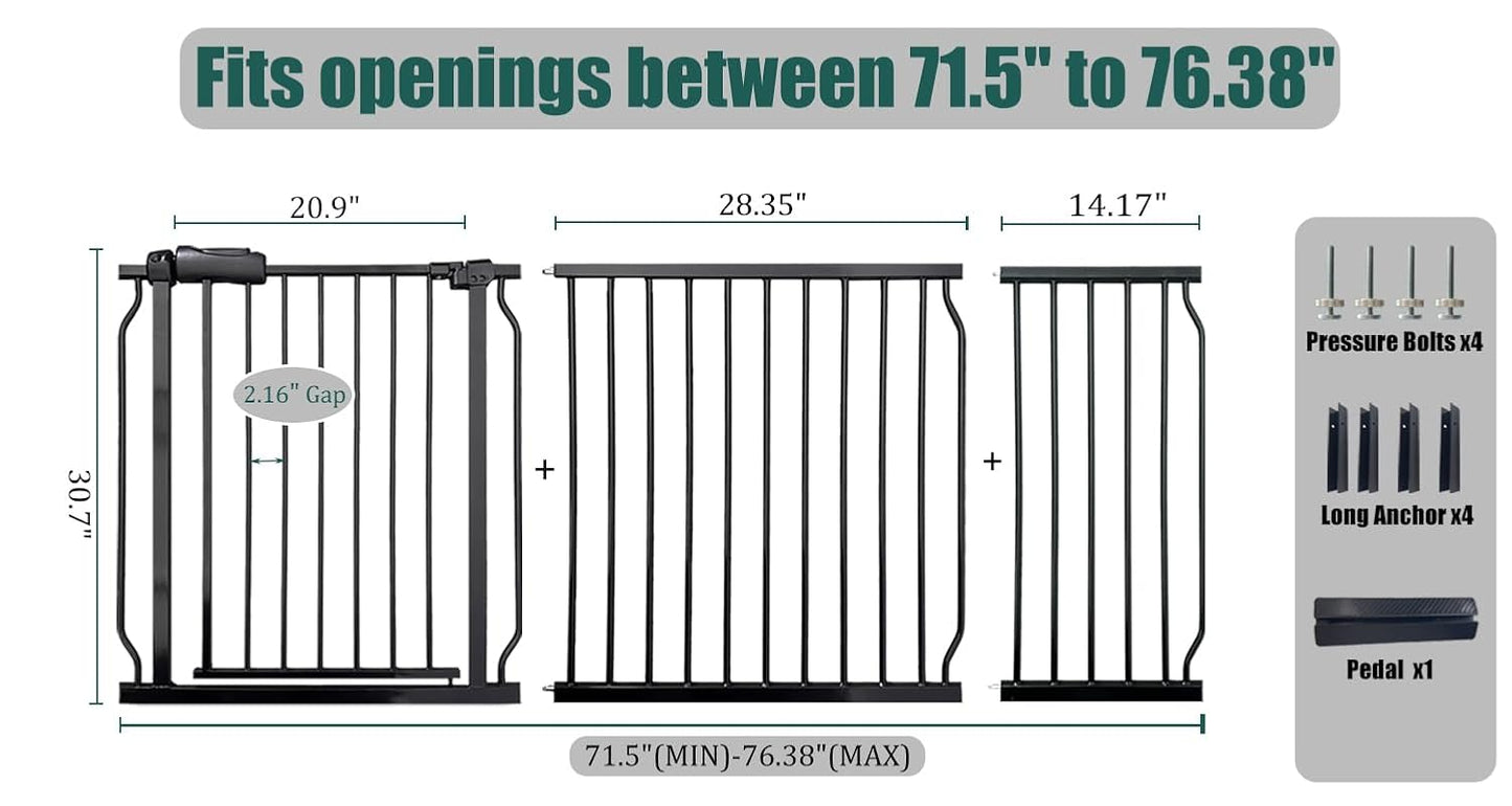 Extra Wide Baby Gate 85.8-90.5" Dog Gate Indoor Pressure Mounted No Drill Safety Gate for Large Entries, Kitchen,Stairs & Doorways, Black Metal Indoor Pet Gate for Kids & Dogs