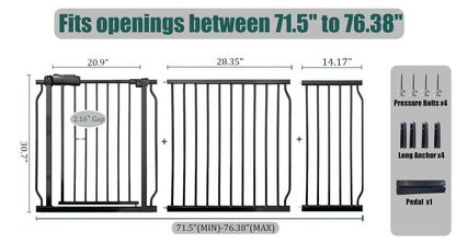Extra Wide Baby Gate 85.8-90.5" Dog Gate Indoor Pressure Mounted No Drill Safety Gate for Large Entries, Kitchen,Stairs & Doorways, Black Metal Indoor Pet Gate for Kids & Dogs