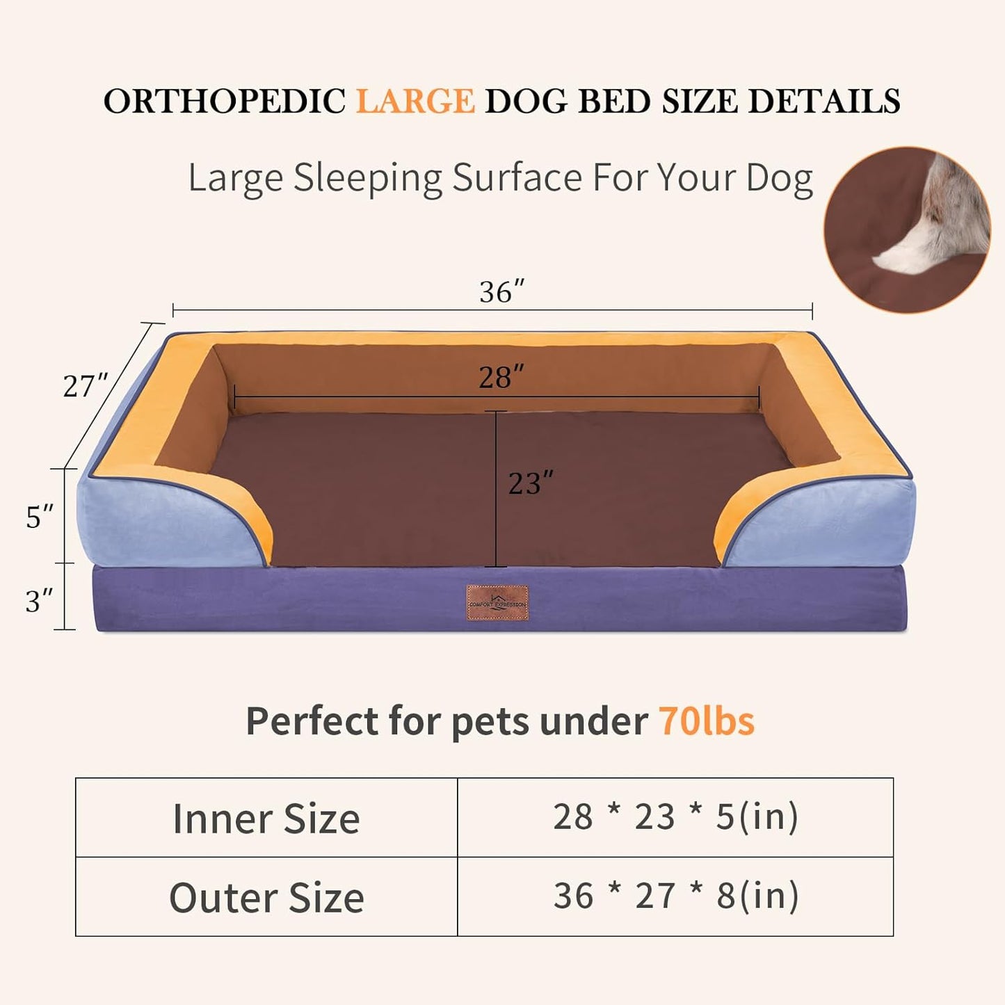 Comfort Expression Orthopedic Dog Bed for Extra Large Dogs 42x30 Inch, Waterproof Egg Crate Foam XL Pet Bed with Removable Bolsters, Dog Couch with Washable Cover & Non-Slip Bottom, Grey - Colors A