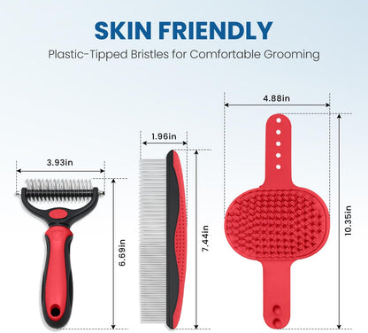 Double-Sided Pet Grooming Rake - 4-in-1 Professional Pet Grooming Kit Deshedding Dematting Tool for Dogs Cats Extra-Wide Grooming Brush & Deshedder Comb for Long & Short Haired Pets (Blue Kit 4PCS)