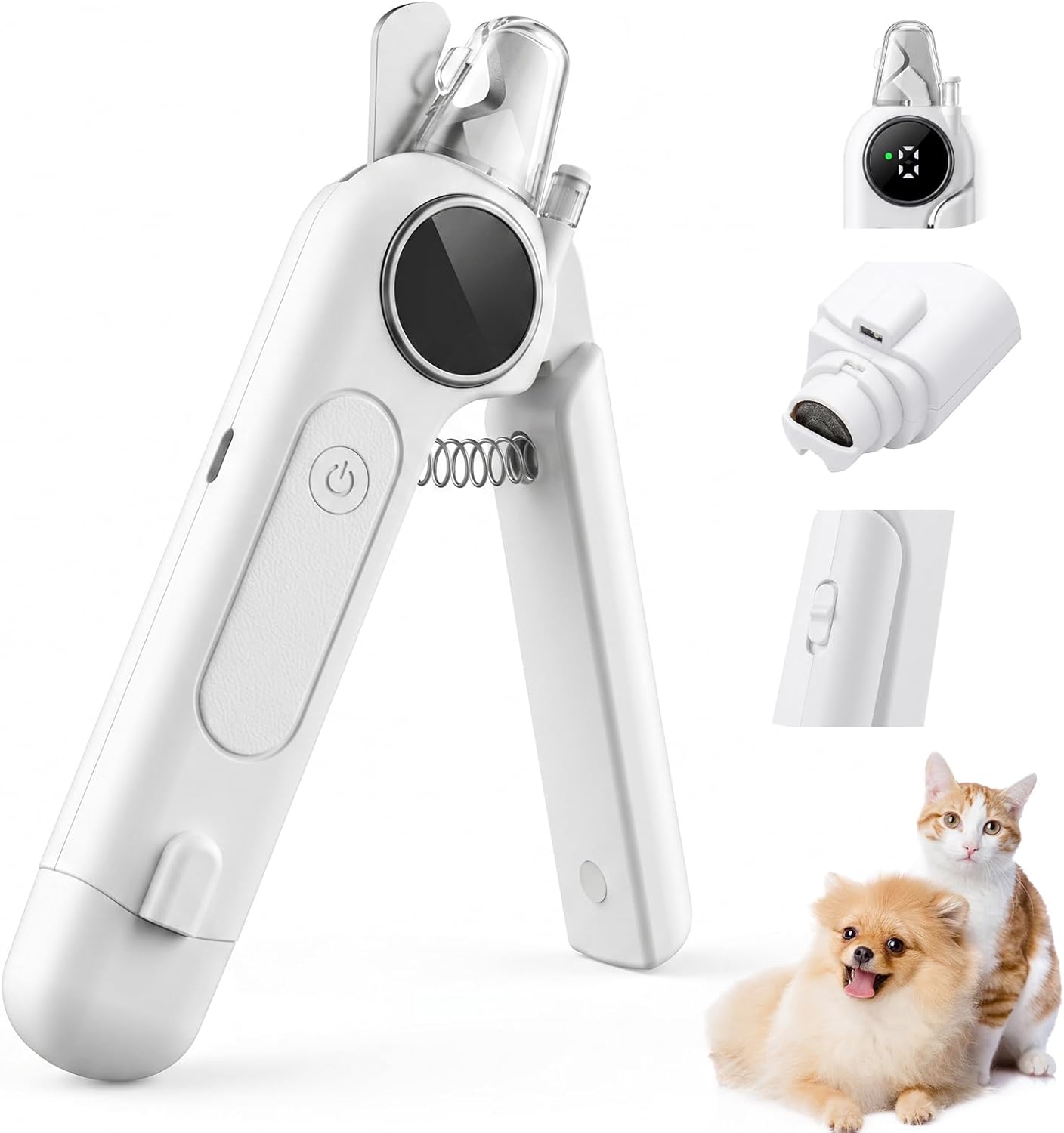 2-in-1 Pet Nail Clipper with LED Light and Digital Display – Upgraded Cat and Dog Nail Grinder with Safety Guard, USB Charging, Splash-Proof, Low-Noise, Pain-Free Nail Trimmer (White)
