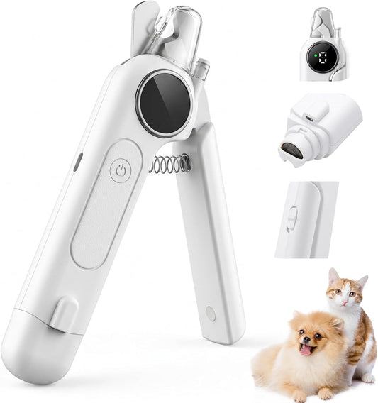 2-in-1 Pet Nail Clipper with LED Light and Digital Display – Upgraded Cat and Dog Nail Grinder with Safety Guard, USB Charging, Splash-Proof, Low-Noise, Pain-Free Nail Trimmer (White)