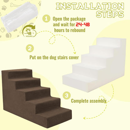 Niubya Dog Stairs for Small Dog and Cats,23”H Non-Slip Bottom Pet Steps for High Beds and Couch,Extra Wide High-Density Foam Pet Stairs Grey,5 Steps