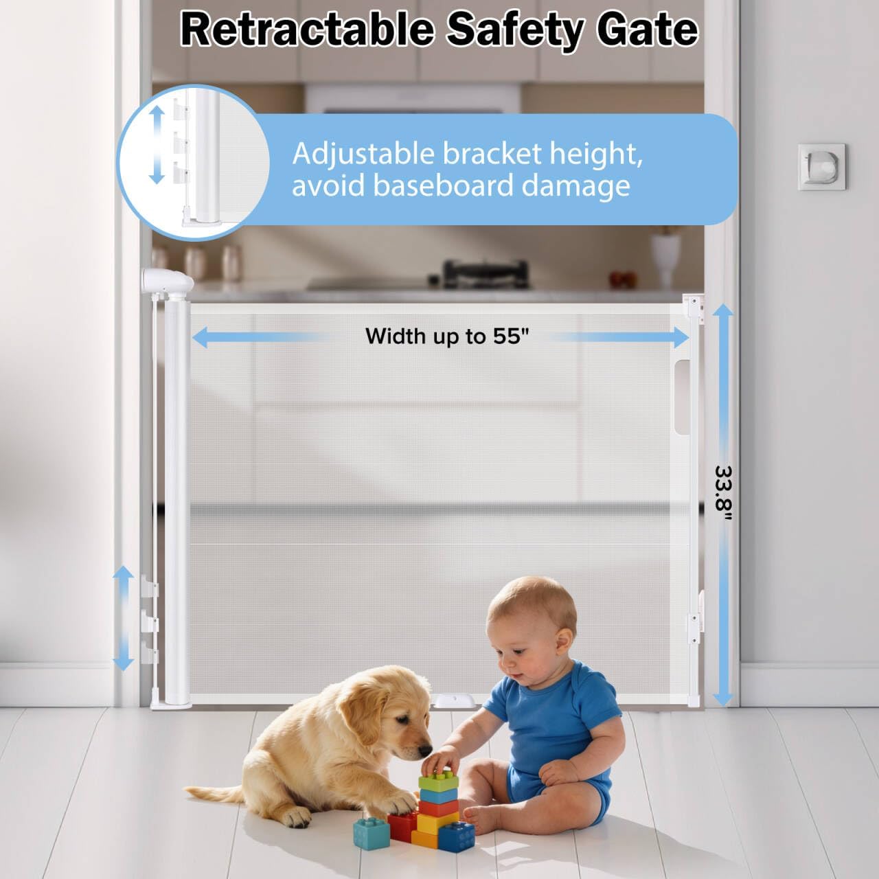 Retractable Baby Safety Gate, 33.8" Tall Extends to 55" Wide, Dual Lock, Adjustable Mounting, Extendable Pet Gate for Hallways, Stairs, Indoor & Outdoor（Black）