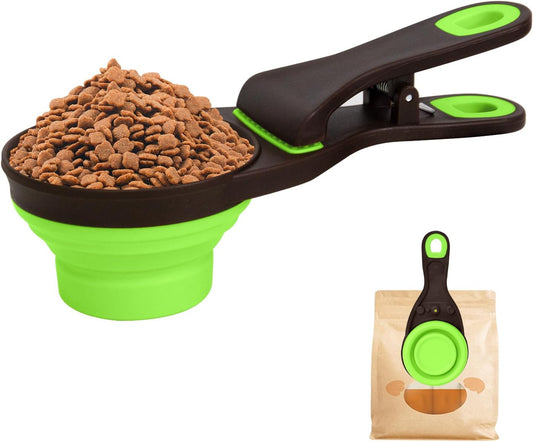 Collapsible Silicone Dog Food Scoop Foldable Pet Food Measuring Cup with Bag Clip 3 in 1 Multi-Function Silicone Dog Food Scooper (Rose Red, Medium)