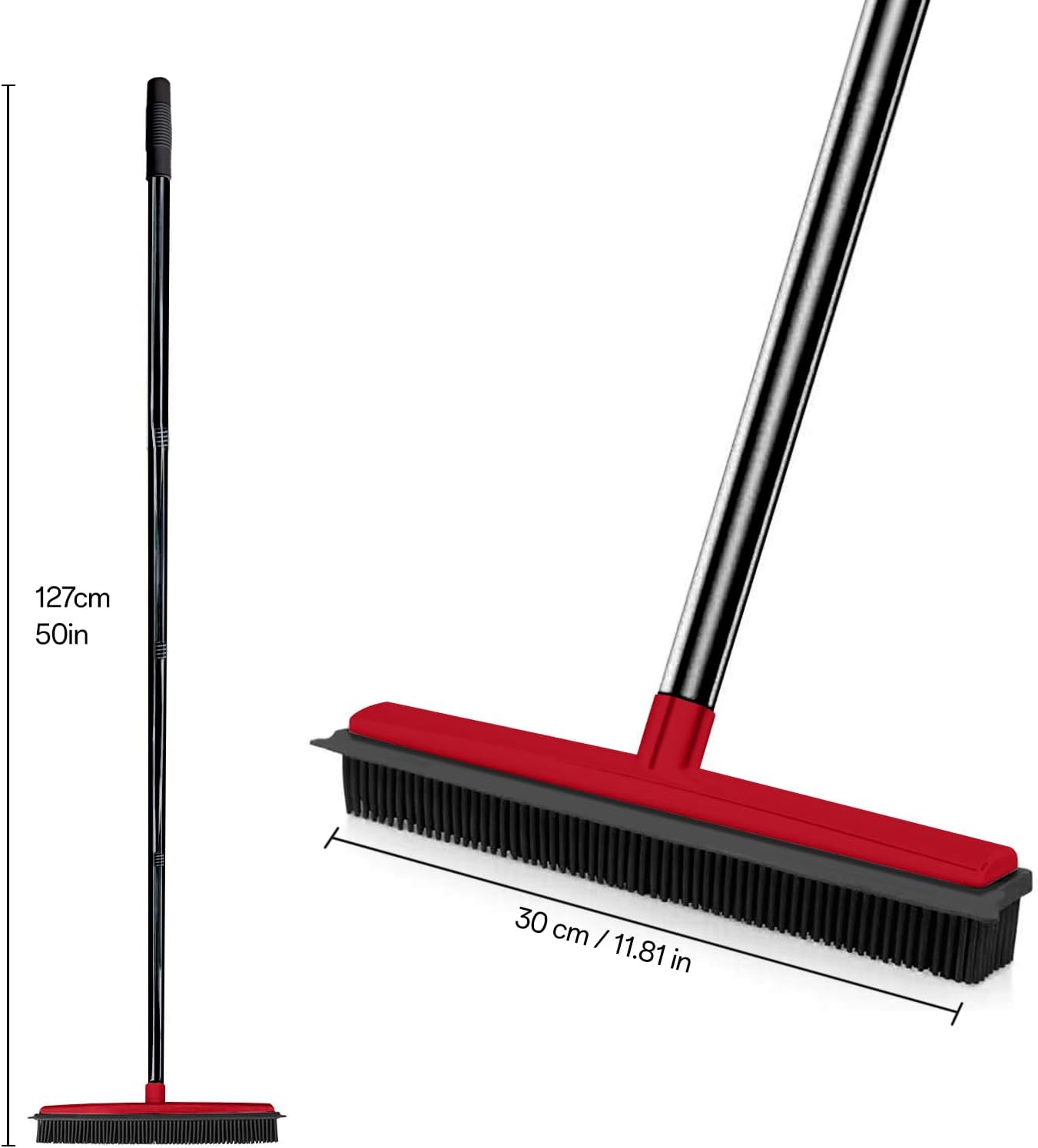 Pet Hair Rubber Broom with Squeegee for Carpet,Fur Remover Broom Carpet Rake for Pet Hair Removal, with 50" Long Handle, Dual-Sided for Hardwood Floor, Tile,Portable Detailing Lint Brush