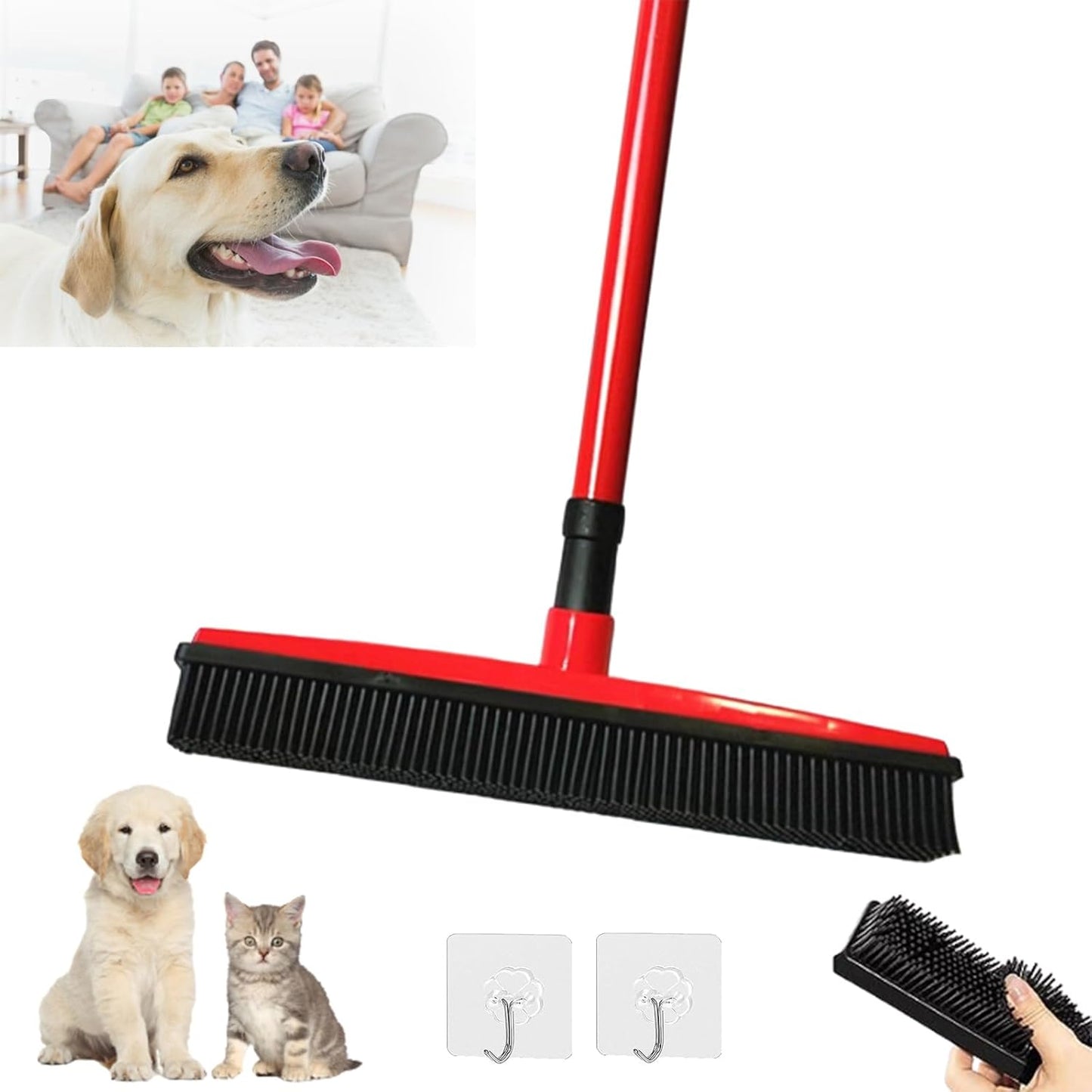 Pet Hair Removal Broom, Pet Hair Removal Tool, Multi-Surface Squeegee Rubber Broom, Rubber Broom Pet Hair Remover, Extendable Pet Hair Remover Broom for Carpet, Mats,Couch (Black)