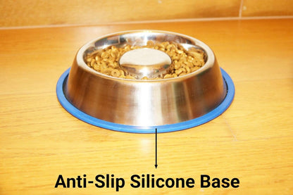Mr. Peanut's Stainless Steel Interactive Slow Feed Dog Bowl with a Blue Base, Fun Healthy Bloat Stop Feeder (Large)