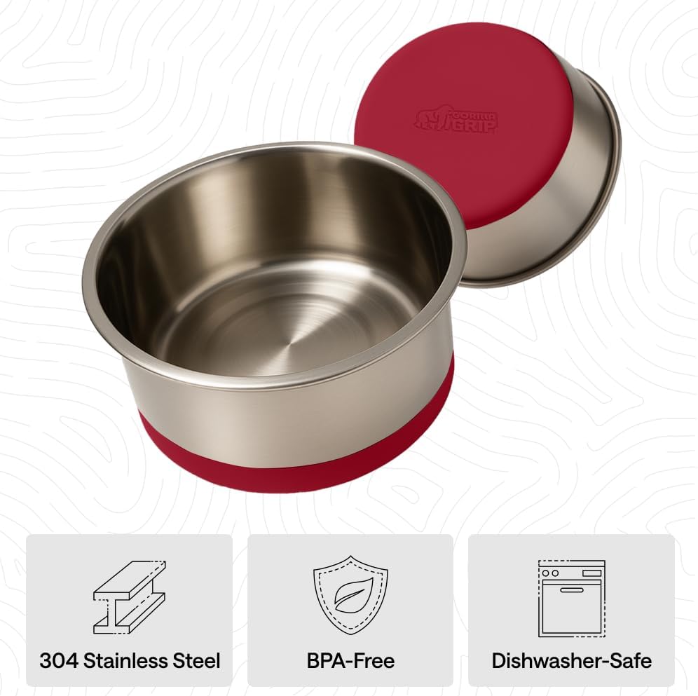 GORILLA GRIP Dog Bowls, Food Grade 304 Stainless Steel, Holds 2 Cups Each (16 fl oz) Food and Water Bowl for Feeding Dogs and Cats, Dishwasher Safe, Rust Resistant, BPA Free Rubber Base Set of 2 Black