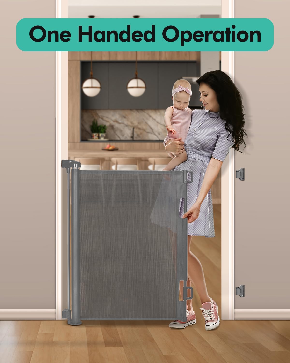 Retractable Baby Gates, Mesh Dog Gate for Doorways, 33.6" Tall, Expands to 55" Wide,Pet Safety Essential Fit for Baseboards, Wide Toddlers Gates for Hallways, Indoor & Outdoor,Gray