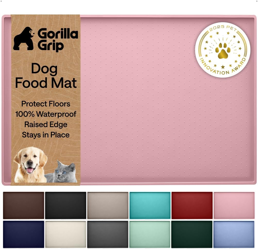 GORILLA GRIP 100% Waterproof Raised Edge BPA Free Silicone Pet Feeding Mat, Dog Cat Food Mats Contain Spills Protects Floors, Placemats for Cats and Dogs Water Bowl, 18.5x11.5, Gray