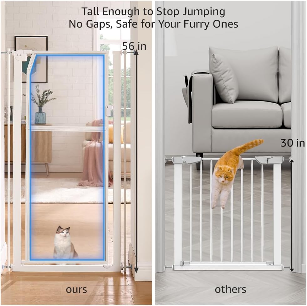 unipaws 56" Extra Tall Pet Gate, Clear Transparent Tall Cat Gate, 29.5-33.5" Wide No Drilling Pressure Mounted Dog Gate for Doorway, Hallway, Stairs, White