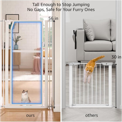unipaws 56" Extra Tall Pet Gate, Clear Transparent Tall Cat Gate, 29.5-33.5" Wide No Drilling Pressure Mounted Dog Gate for Doorway, Hallway, Stairs, White
