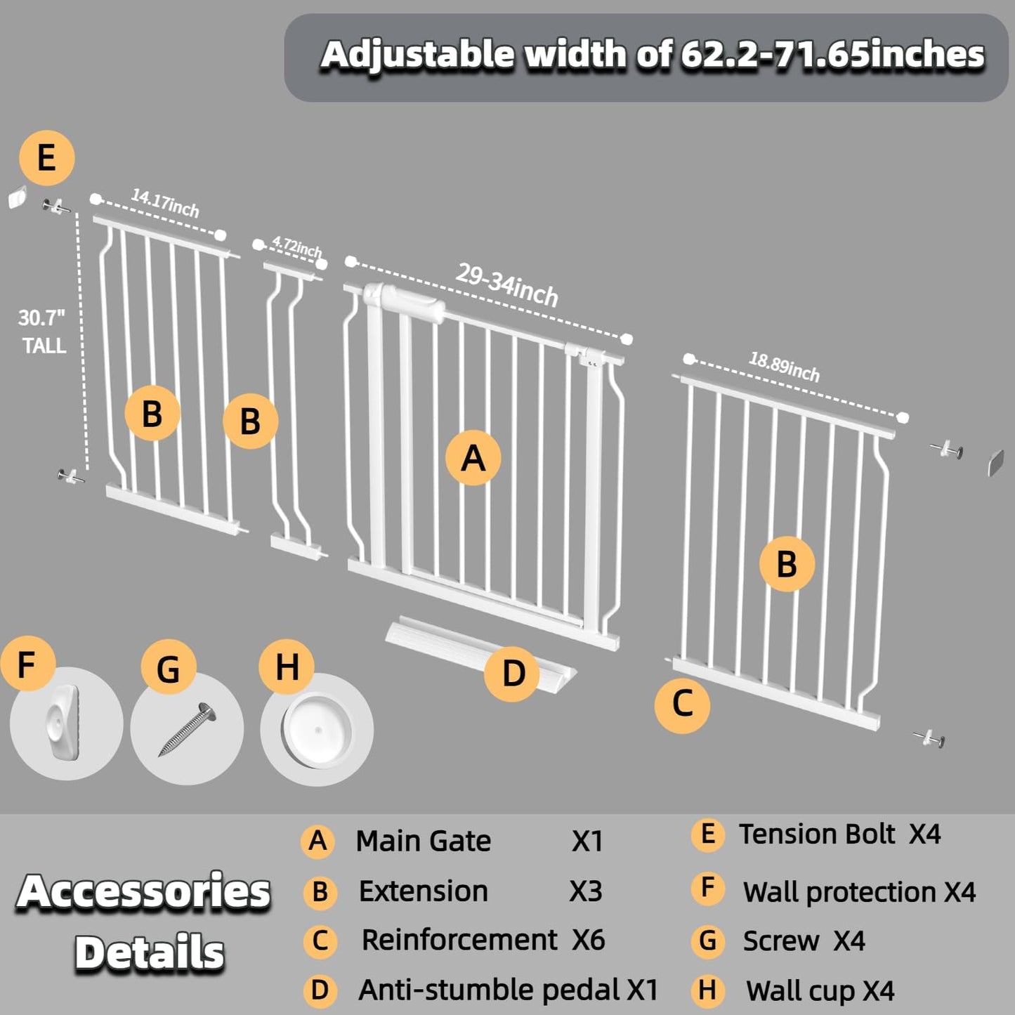 Extra Wide Baby Gate with Door, 52.76~62.2 Inch Wide Presure Mounted No Drill Metal Auto Close Child Gate for Stair Doorway - Indoor Outdoor Safty Gate for Toddler Dog Doggie, Black