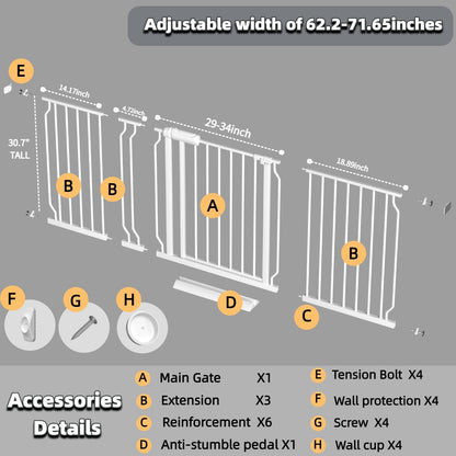 Extra Wide Baby Gate with Door, 52.76~62.2 Inch Wide Presure Mounted No Drill Metal Auto Close Child Gate for Stair Doorway - Indoor Outdoor Safty Gate for Toddler Dog Doggie, Black