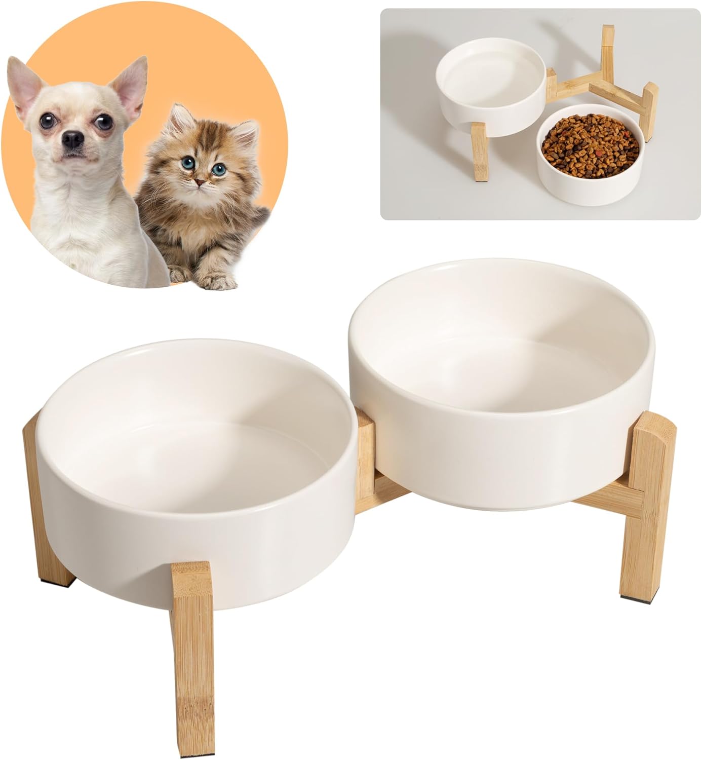 Elevated Ceramic Dog Bowl Set - Raised Dog Bowls with Non-Slip Bamboo Stand - Dog Food and Water Bowl Set - Double Dog Feeding Bowls - Suitable for Small and Medium Dogs - 28.74 OZ - 3.6 CUPS - 850 ML