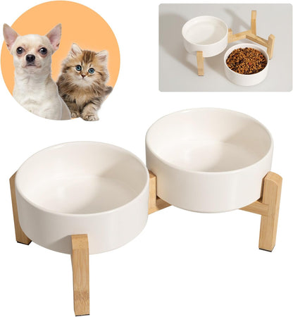Elevated Ceramic Dog Bowl Set - Raised Dog Bowls with Non-Slip Bamboo Stand - Dog Food and Water Bowl Set - Double Dog Feeding Bowls - Suitable for Small and Medium Dogs - 28.74 OZ - 3.6 CUPS - 850 ML