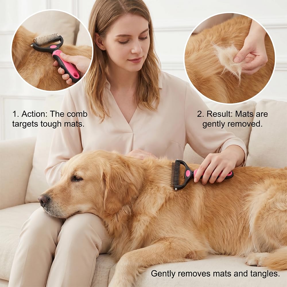 Pet Grooming Tool for Dogs & Cats, Double Sided Deshedding Brush with Undercoat Rake, Dematting Comb for Long Thick Coats, Pet Hair Removal Grooming Comb for Shedding & Detangling (1, Blue, Large)