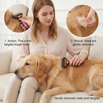 Pet Grooming Tool for Dogs & Cats, Double Sided Deshedding Brush with Undercoat Rake, Dematting Comb for Long Thick Coats, Pet Hair Removal Grooming Comb for Shedding & Detangling (1, Blue, Large)