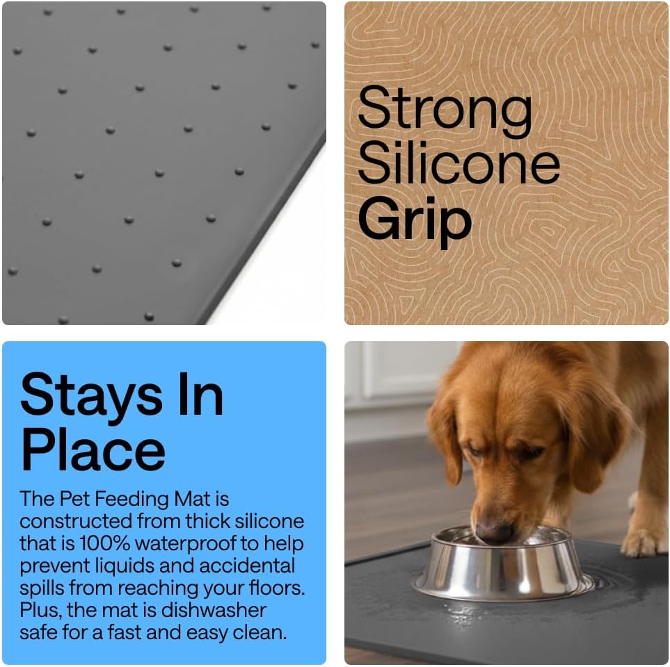 GORILLA GRIP 100% Waterproof Raised Edge BPA Free Silicone Pet Feeding Mat, Dog Cat Food Mats Contain Spills Protects Floors, Placemats for Cats and Dogs Water Bowl, 18.5x11.5, Gray