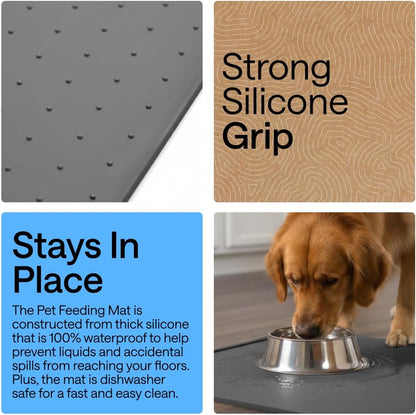 GORILLA GRIP 100% Waterproof Raised Edge BPA Free Silicone Pet Feeding Mat, Dog Cat Food Mats Contain Spills Protects Floors, Placemats for Cats and Dogs Water Bowl, 18.5x11.5, Gray