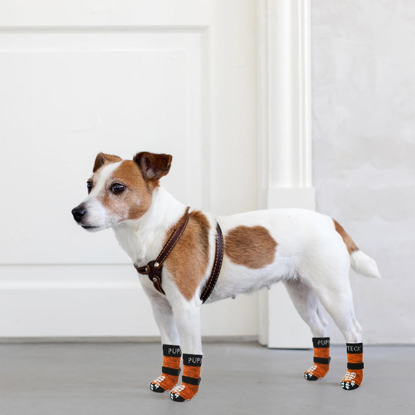 PUPTECK Anti-Slip Dog Socks with Double Sides Grips for Small Medium Large Dogs Hardwood Floors Prevents Licking, Dog Shoes for Hot Pavement Traction Control Paw Protector for Senior Dogs, Grey L