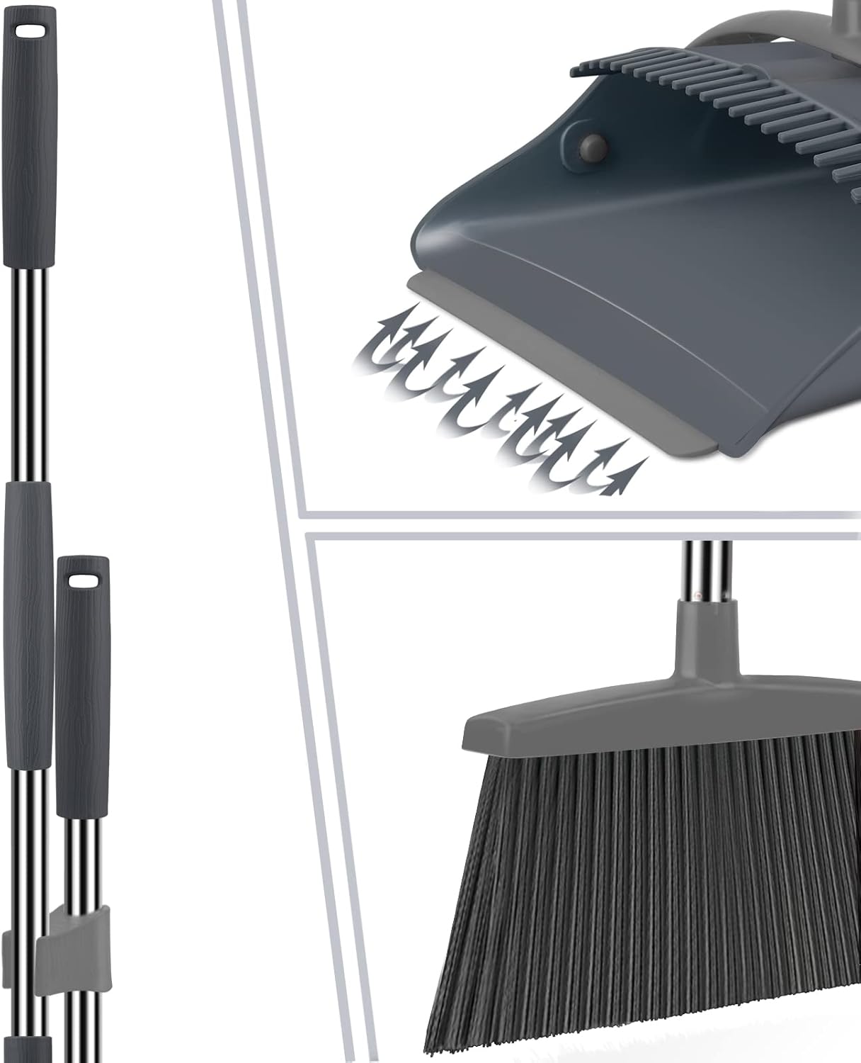 Ivandar Broom with Dustpan Combo Set, 50.6 inch Long Handle, Upright Standing Broom and Dustpan Set Quiet Cleaning Tool Sweep the Floor Dust pan Removes 4 Times More Pet Hair(Brown and Gray)