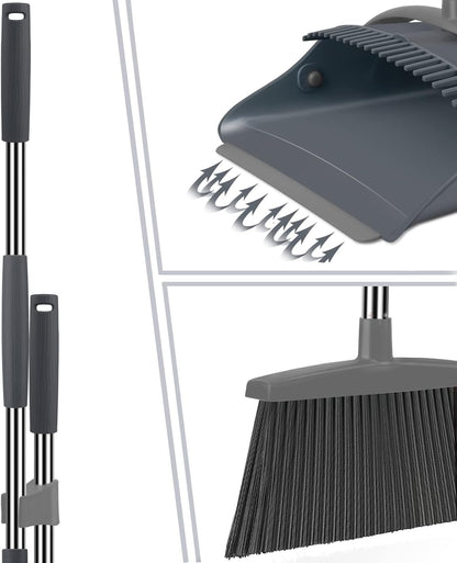 Ivandar Broom with Dustpan Combo Set, 50.6 inch Long Handle, Upright Standing Broom and Dustpan Set Quiet Cleaning Tool Sweep the Floor Dust pan Removes 4 Times More Pet Hair(Brown and Gray)