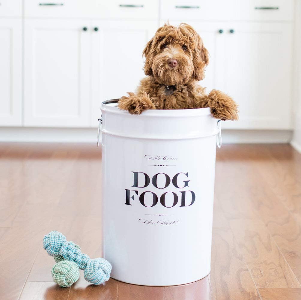 Harry Barker Bon Chien Dog Food Storage Canister – Large 11 gallon, Airtight Stainless Steel Pet Food Container, Stylish Kitchen Counter Dog Kibble Storage with Easy-Open Lid - White