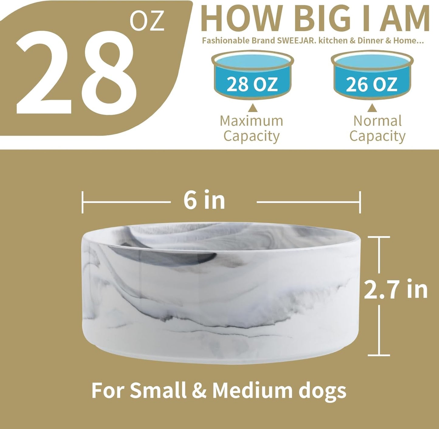 Black Elevated/Raised Dog Bowl Ceramic with Wood Stand for Medium Large Breed,Dog Food Water Dish Heavy Weighted,8 in Non Slip Modern Cute Porcelain Pet Bowl Extra Large