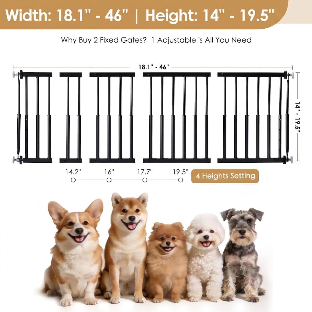 10''-15.8'' Height Adjustable Dog Gate, Extra Wide 18.1"-46" All Metal Short Dog Gate to Step Over, Pressure Mount Small Pet Puppy Gate for Stairs & Doorways(White)