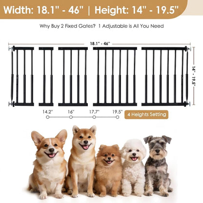 10''-15.8'' Height Adjustable Dog Gate, Extra Wide 18.1"-46" All Metal Short Dog Gate to Step Over, Pressure Mount Small Pet Puppy Gate for Stairs & Doorways(White)