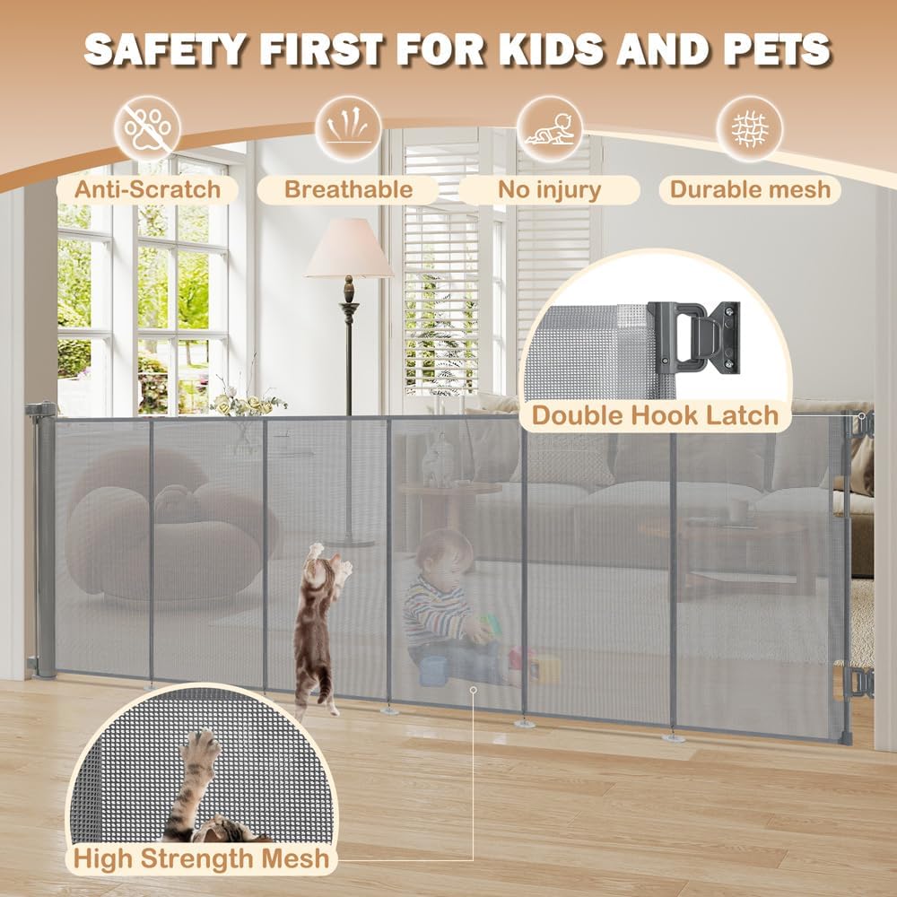 SMONTER Extra Wide Retractable Dog Gates, Mesh Baby Gate with Support Rods Extend to 118" Wide 33" Tall, Portable Safety Retractable Gate for Stairs, Indoor/Outdoor, Black