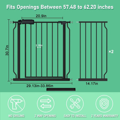 ALLAIBB Extra Wide Pressure Mounted Baby Gate Walk Through Child Kids Safety Toddler Tension White Long Large Pet Dog Gates with Extension for doorways Kitchen (57.48-62.20"/146-158cm, Black)