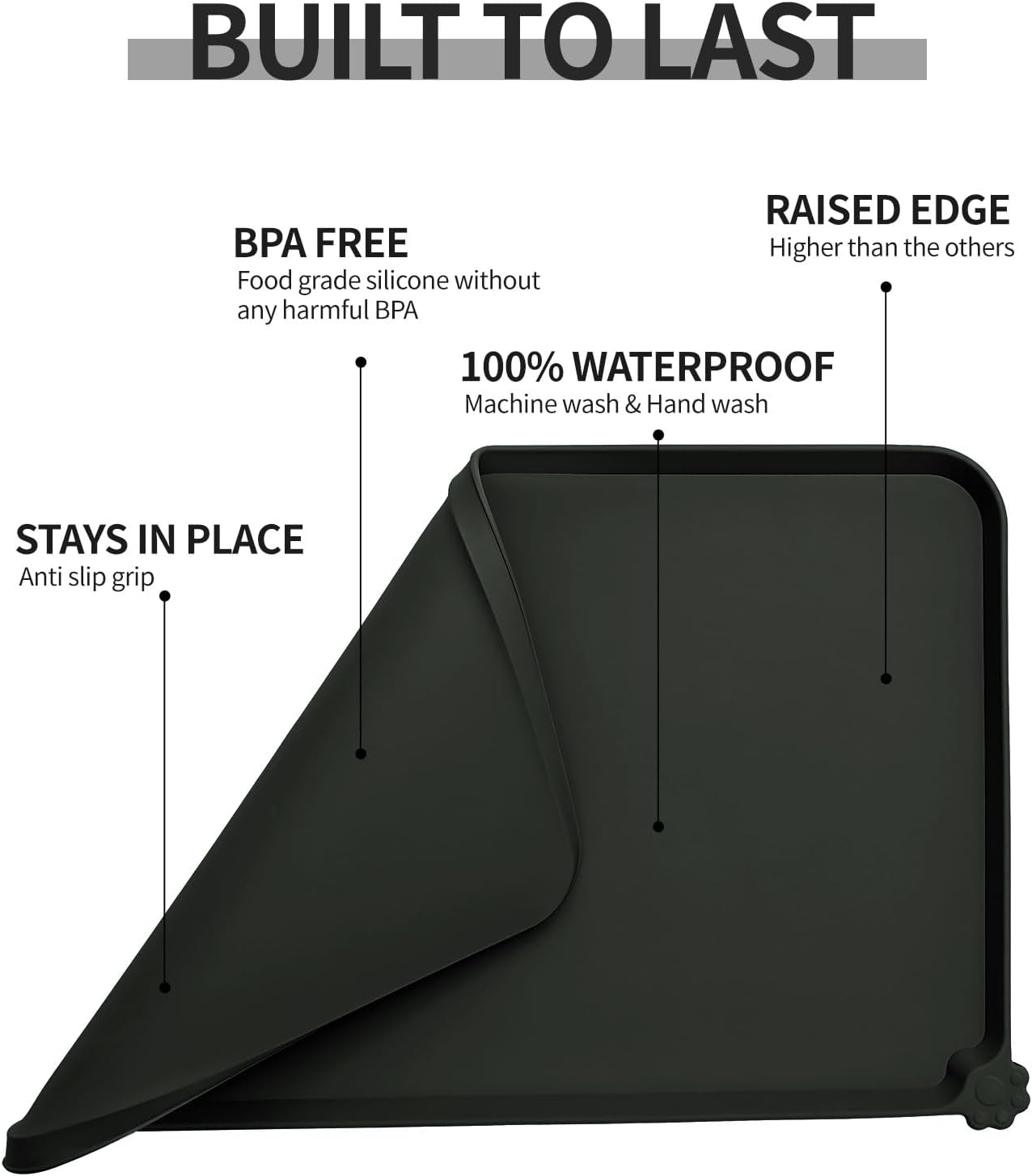 Reopet Waterproof Pet Feeding Mat, Non-Slip Silicone Placemats for Dog Cat Food and Water Bowl, High Raised Edges to Prevent Spills and Protect Floors