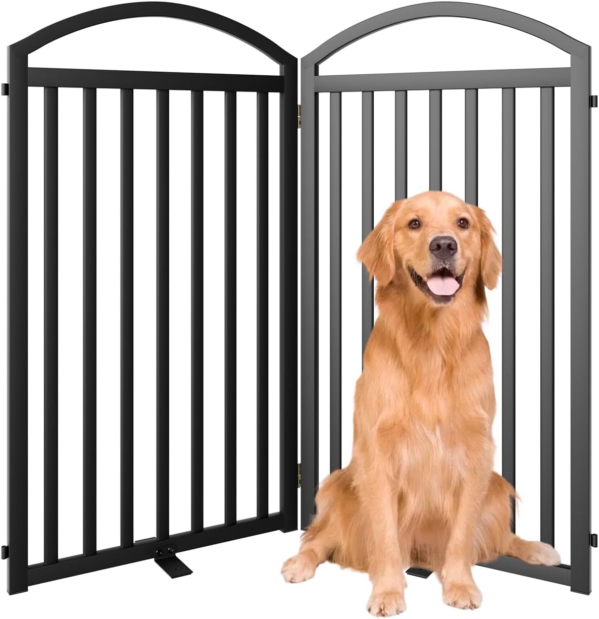 SNUOWU 4 Panels Full Matel Freestanding Dog Gates with Door, 96"Extra Wide 32"Tall Free Standing Dog Pet Gate for Indoor & Outdoor. Foldable Pet Fences for Doorways, House, Stairs, Porch, Deck, Yard
