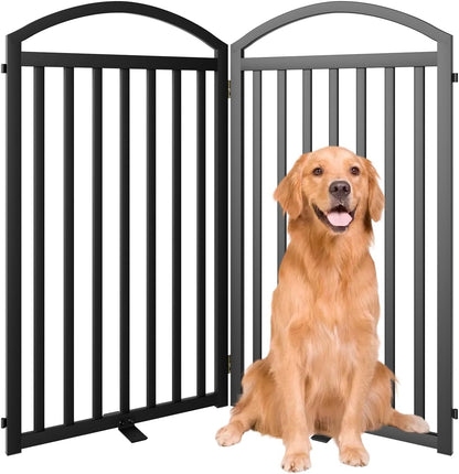 SNUOWU 4 Panels Full Matel Freestanding Dog Gates with Door, 96"Extra Wide 32"Tall Free Standing Dog Pet Gate for Indoor & Outdoor. Foldable Pet Fences for Doorways, House, Stairs, Porch, Deck, Yard