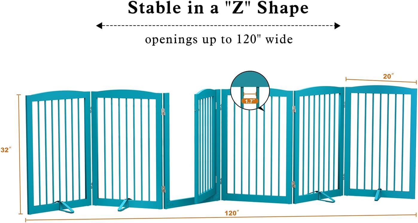 PUPETPO Freestanding Dog Gate with Door, Pet Gate for Stairs, 80 inch Wide Pet Barrier Indoor, Dog Fences Indoor, Support Feet Included, 4 Panels, 24" Tall, Dark Brown