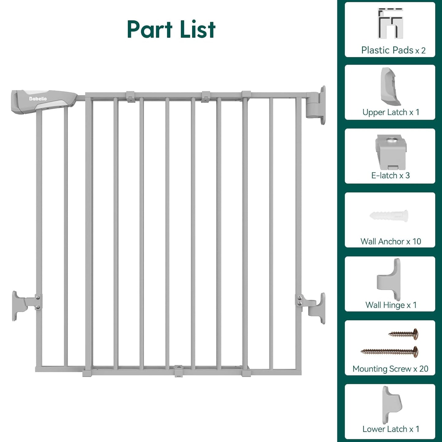 Babelio Baby Gate for Stairs, Kitchen & Doorways, 26-43" W 28" H No Bottom Bar| Easy Installation| One-Handed Operation| Auto-Close| Hardware Mount (Drill Needed) Safety Dog/Pet Gate Indoor (White)