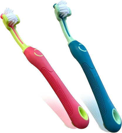 Dog Toothbrushs, 2pcs Blue Yellow, Suitable for Adult Dogs, Three Sided Design for Easy Teeth Cleaning