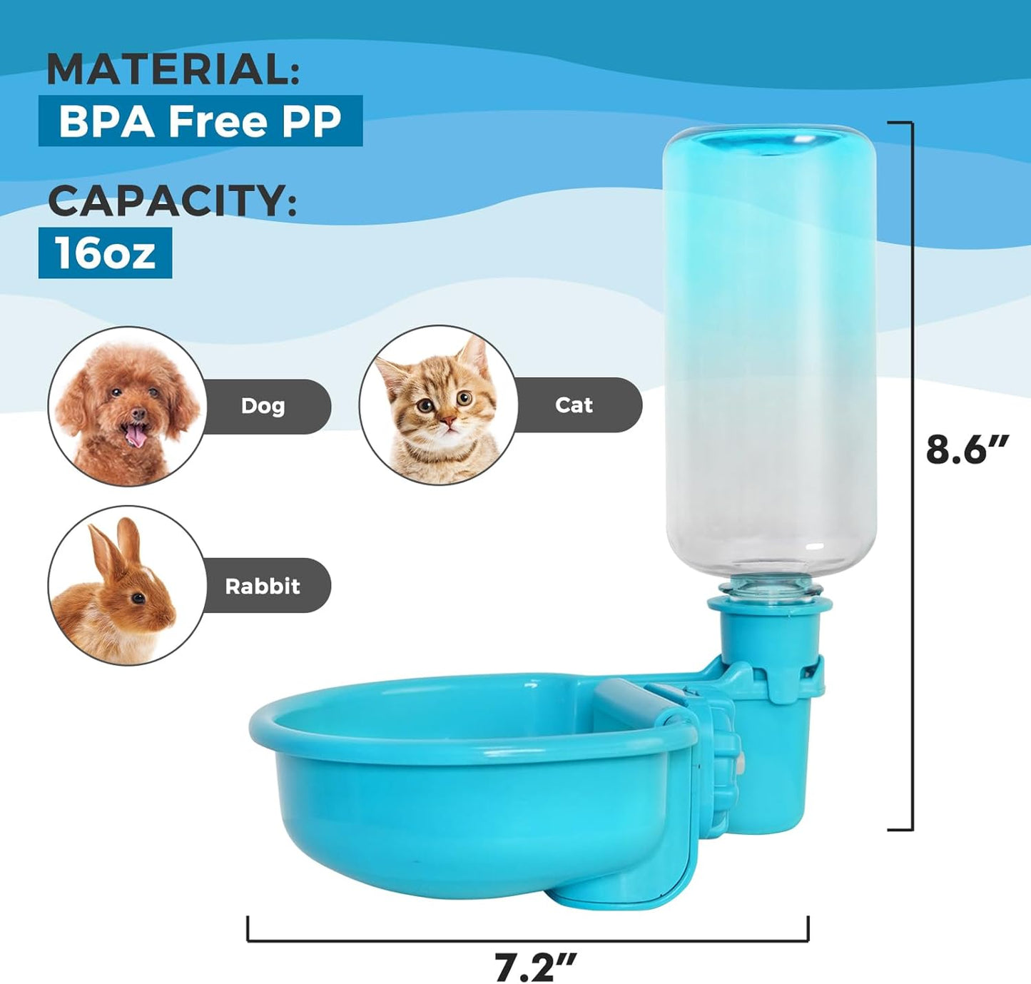 VANNON 16oz Pet Water Bottle, Gravity Dog Water Bowl Dispenser for Cage, Anti-Overflow Water Dispenser for Small Dogs, Cats, Rabbits and Other Small Animals, BPA Free, Grey
