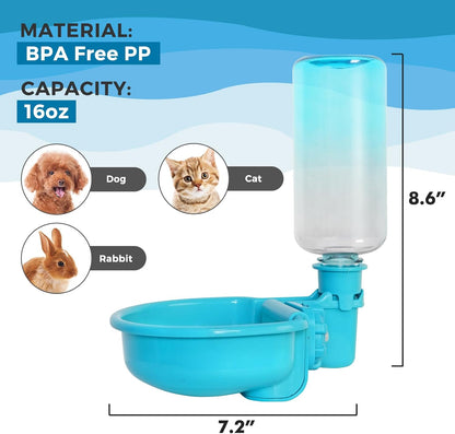 VANNON 16oz Pet Water Bottle, Gravity Dog Water Bowl Dispenser for Cage, Anti-Overflow Water Dispenser for Small Dogs, Cats, Rabbits and Other Small Animals, BPA Free, Grey